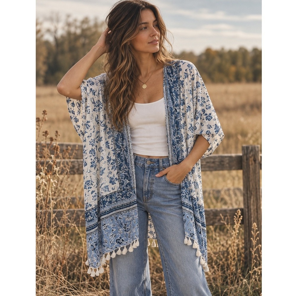 Angie Floral Kimono Womens Large Blue White Boho Western Festival Fringe Duster